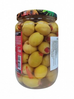 Оливки зеленые без косточки с красным сладким перцем в рассоле BİBER 4XL   141-160, стеклянная банка 400 г
