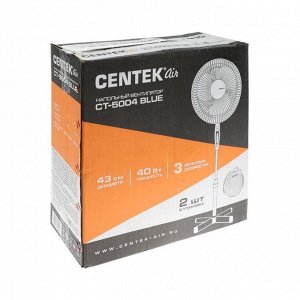 Вентилятор Centek CT-5004 Blue, напольный, 40 Вт, 43 см, 3 режима, синий