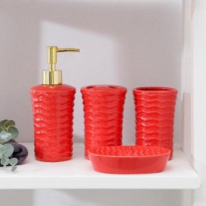 Набор аксессуаров для ванной комнаты Доляна «Волны», 4 предмета (дозатор 300 мл, мыльница, 2 стакана), цвет красный