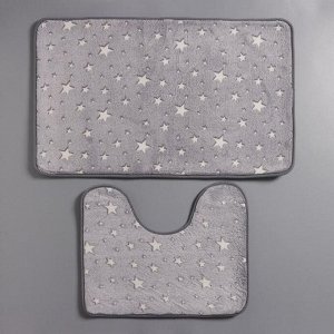 Набор ковриков для ванной и туалета Доляна «Светящиеся звезды», 2 шт: 50x80, 50x40 см, цвет серый