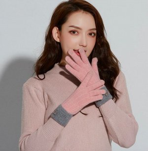 Женские вязаные перчатки, цвет розовый + серый манжет