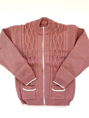 Джемпер вязаный "косички" на молнии с карманами темно-розового цвета