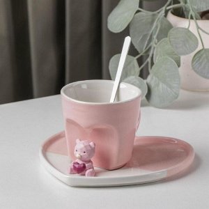 Кофейная пара «Мишка с сердцем», стакан 200 мл, блюдце 15,5x15x8 см, ложка, цвет розовый