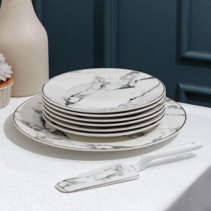Набор для торта фарфоровый «Марбл», 8 предметов: тарелка d=27 см, 6 тарелок d=19 см, лопатка
