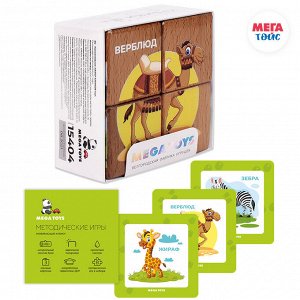 Набор кубиков обучающий "Животные жарких стран" (4кубика, 3 двусторонние карточки, развивающее методическое пособие)