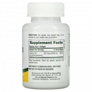 Nature's Plus, витамин D3, 125 мкг (5000 МЕ), 60 мягких таблеток