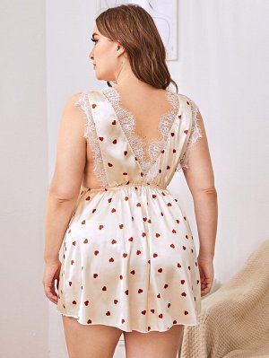 Платье с принтом сердечка с кружевной отделкой из атласа Plus size