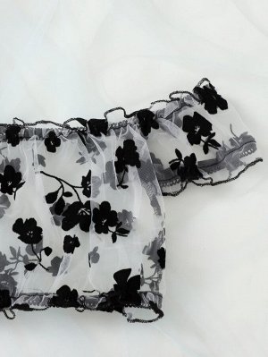 Комплект нижнего белья с цветочным узором сетчатый с открытыми плечами