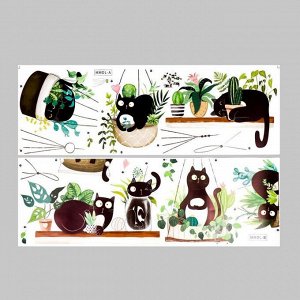 Наклейка пластик интерьерная цветная "Чёрные котики и растения" 30х90 см набор 2 листа