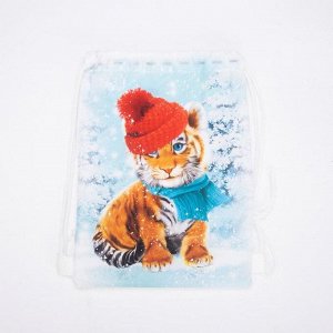 Мешок-рюкзак новогодний, 21 ? 29 см, отдел на шнурке, цвет синий, «Тигрёнок в шапочке с шарфом»