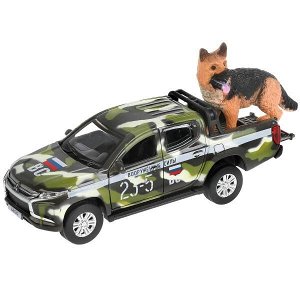 L200-12MILGN-DOG Машина металл MITSUBISHI L200 КАМУФЛЯЖ 13 см, двер, баг, инер, собака, кор. Технопарк в кор.2*36шт