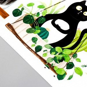 Наклейка пластик интерьерная цветная "Чёрные котики и растения" 30х90 см набор 2 листа