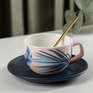Чайная пара керамическая «Ариэль», чашка 250 мл, 11,5?8,5?5,8 см, ложка, блюдце, цвет розовый