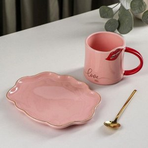 Чайная пара с ложкой «Губки», чашка 250 мл, блюдце 17,5*14 см, цвет розово-красный