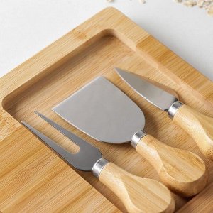 Набор для подачи сыра Доляна Cheese, 3 ножа, доска 38x18,5 см, бамбук