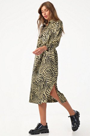 Платье-рубашка миди с поясом "леопард" на оливковом