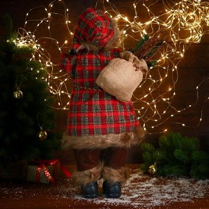 Дед Мороз "В красной клетчатой шубке, с фонариком и веточками" 35х60 см