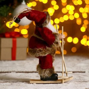 Дед Мороз "На лыжах" в бордовом костюме, 17 см
