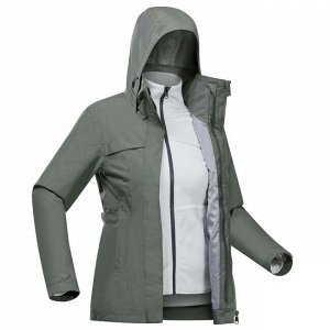 Куртка 3 в 1 для треккинга при темп. до 0°C водонепр. Travel 100 жен. цвет хаки FORCLAZ