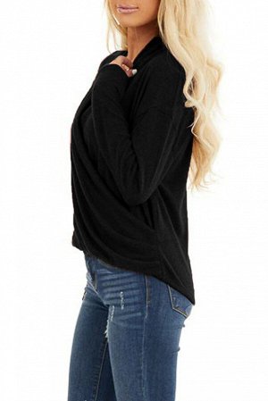 Черная асимметричная блуза с длинными рукавами и V-образным вырезом с запахом