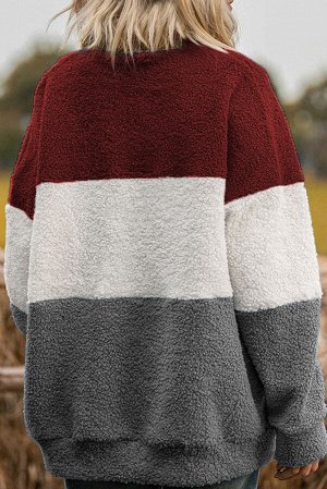 Трехцветный плюшевый свитшот оверсайз: красный, белый, серый