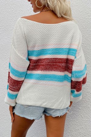 Белый свитер оверсайз в коричнево-голубую полоску