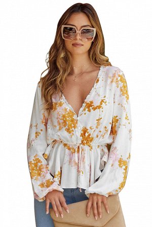 Белая приталенная блуза с V-образным вырезом и оранжевым цветочным принтом