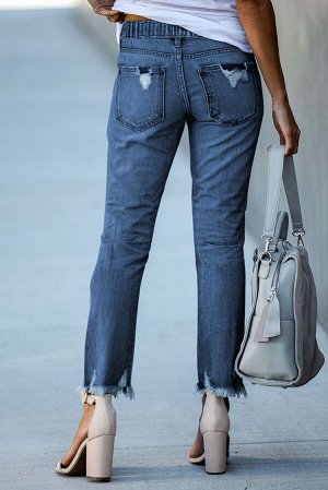 Синие рваные джинсы с эластичным поясом на шнуровке