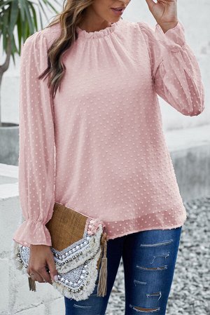 Розовая блуза в швейцарский горошек с прозрачными рукавами