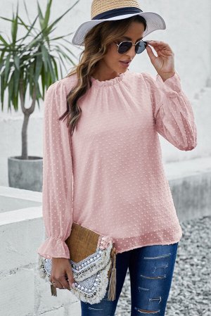 Розовая блуза в швейцарский горошек с прозрачными рукавами