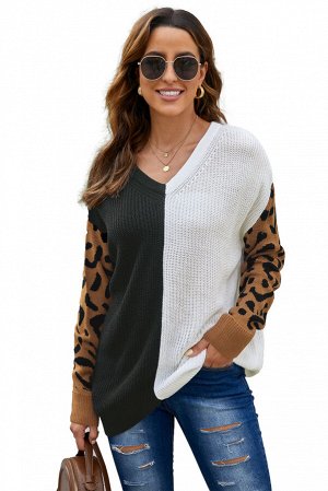Черное-белый свободный вязаный свитер-пуловер с леопардовыми рукавами