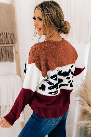 Коричнево-бордовый свитер с черно-белым леопардовым принтом