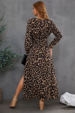 Леопардовое платье макси с с V-образным вырезом и высоким боковым разрезом