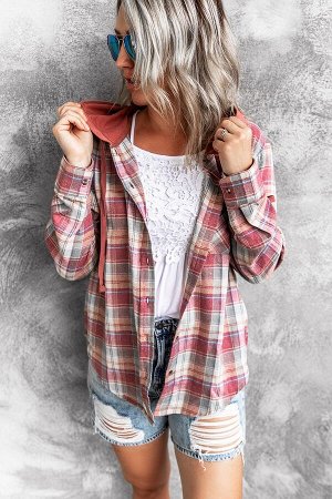 Red Drawstring Plaid Hooded Shirt Coat