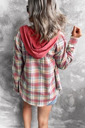 Red Drawstring Plaid Hooded Shirt Coat