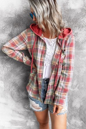 Red Drawstring Plaid Hooded Shirt Coat