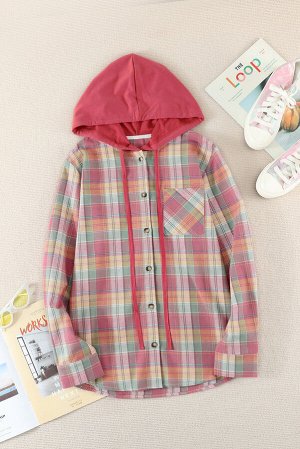 Red Drawstring Plaid Hooded Shirt Coat