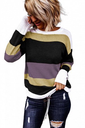 Сиреневый вязаный свитер в разноцветную полоску