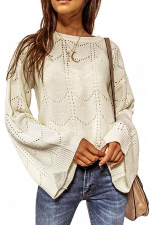 Кремовый вязаный свитер с расклешенными рукавами и перфорацией