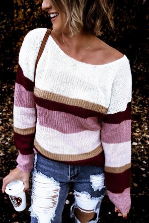 Белый свитер в сиренево-бордовую полоску в стиле пэчворк