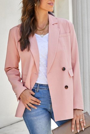 Розовый двубортный пиджак с отложным воротником и карманами