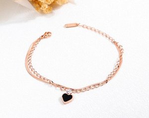 Женский браслет-цепочка двойной, "черное сердце", цвет "розовое золото" (бижутерия)+коробочка