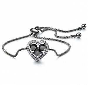 Женский браслет-цепочка с утяжкой,"сердце" цвет камня черный (бижутерия)+ коробочка