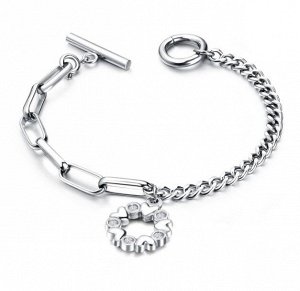 Женский браслет-цепочка разной толщины, "кольцо со стразами", цвет стальной (бижутерия)+коробочка