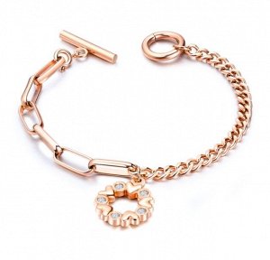 Женский браслет-цепочка разной толщины, "кольцо со стразами", цвет "розовое золото" (бижутерия)+коробочка