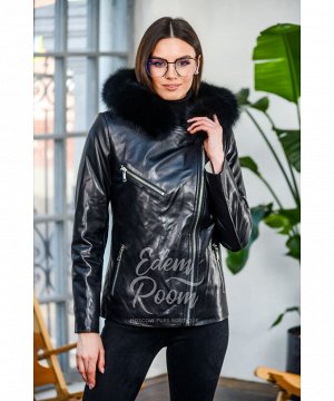 Чёрная кожаная куртка с меховым капюшоном Артикул: OL-9102-2-65-P