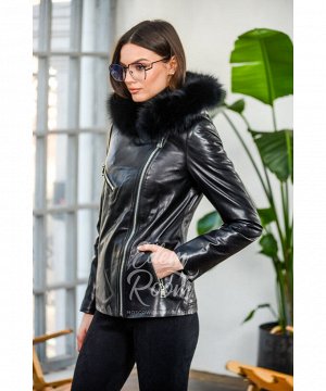 Чёрная кожаная куртка с меховым капюшоном Артикул: OL-9102-2-65-P