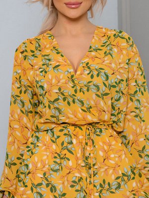 Платье из шифона цвет желтый принт листочки