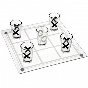 Игра "Застольные крестики нолики" набор 10 предметов: подставка стеклянная 24,8х24,8см, стопка стеклянная д4см h6,3см 50мл - 9 штук, в подарочной коробке (Китай)