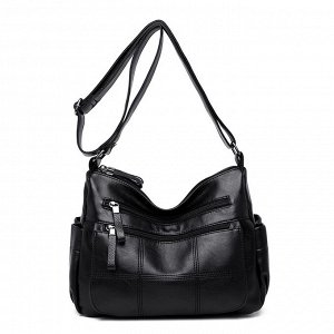 Женская сумка почтальонка из эко кожи, с большими отделениями и декоративными строчками, цвет черный